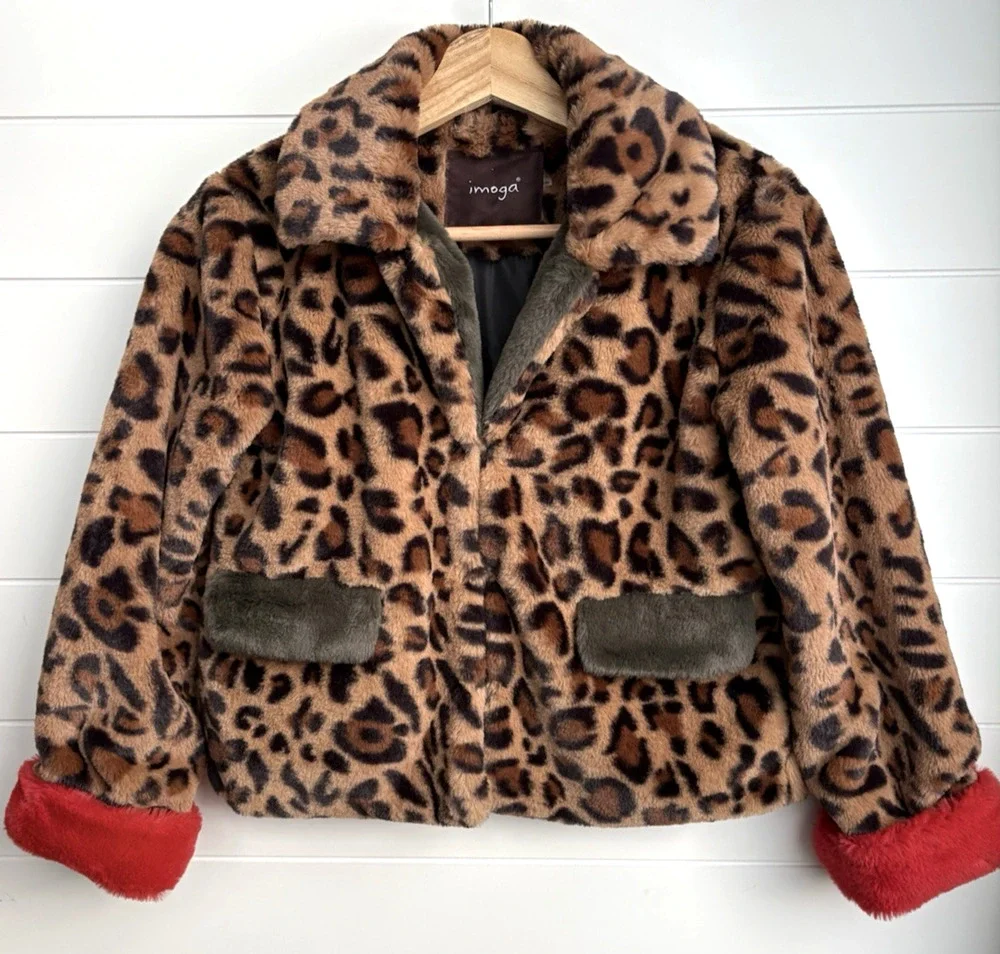 IMOGA Emma Leopard Faux Fur Coat Girls Size 10 Animal Print Jacket Red Trim
